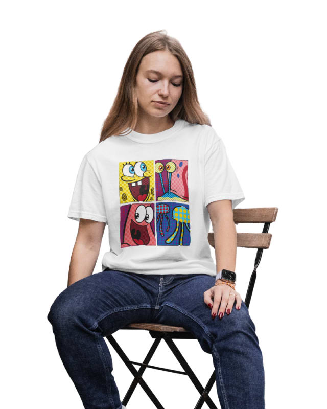Camiseta blanca de algodón 100% con estampado de Bob Esponja y amigos en colores vivos