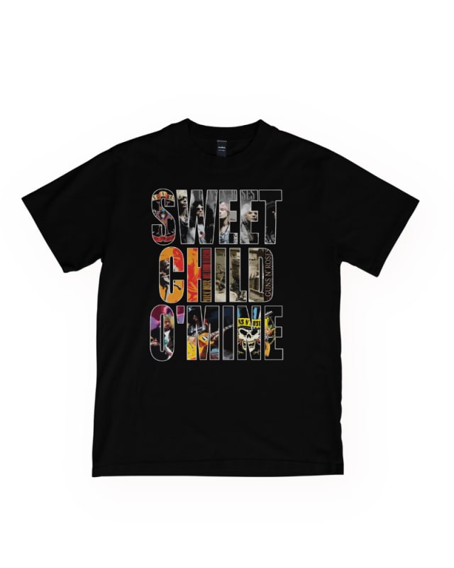Camiseta negra de algodón 100% con estampado colorido de "Sweet Child O' Mine" de Guns N' Roses