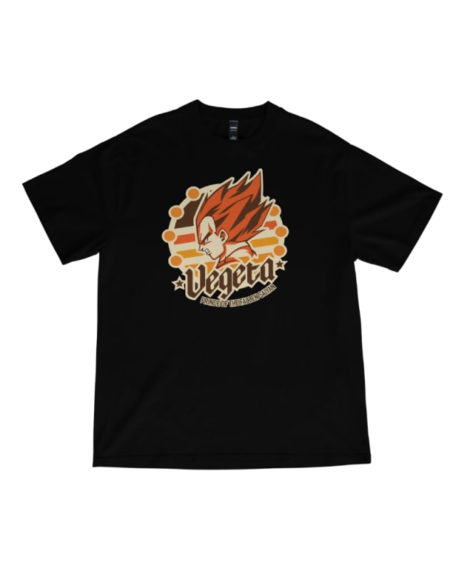 Camiseta negra de algodón con estampado de Vegeta de Dragon Ball Z en tonos naranjas