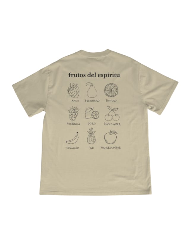 Camiseta unisex de algodón 100% color beige con diseño de frutas y texto en la espalda