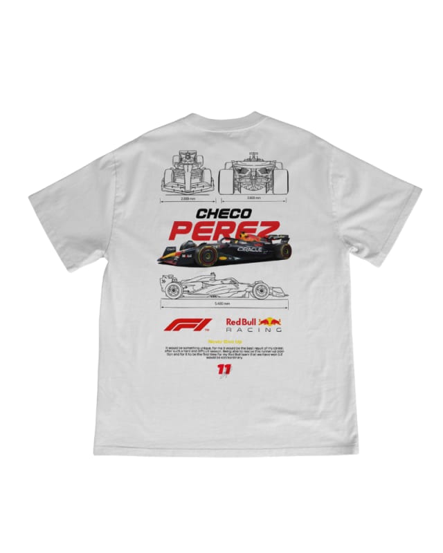 Camiseta unisex blanca de algodón con diseño gráfico de Fórmula 1 y Checo Pérez