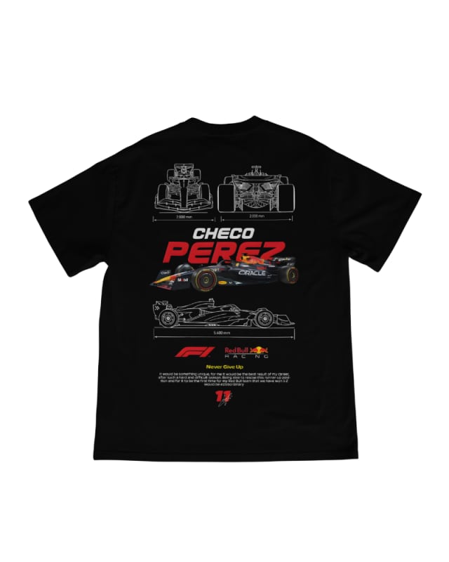Camiseta unisex negra de algodón 100% con diseño de Fórmula 1 y Checo Pérez