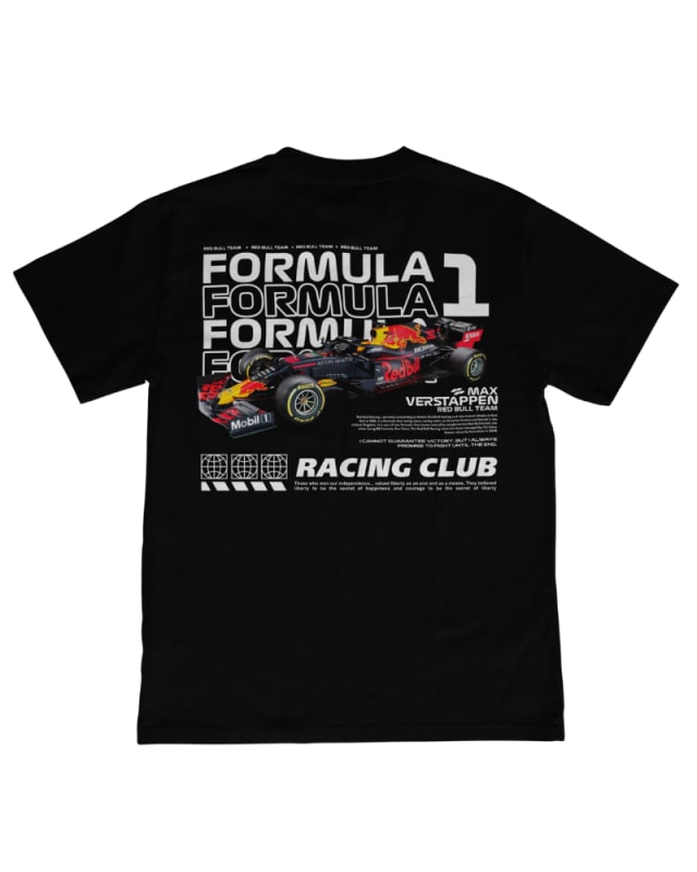 Camiseta unisex negra de algodón con diseño de Fórmula 1 y gráfico de auto en la espalda