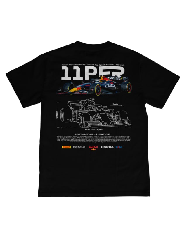 Camiseta negra unisex de algodón con diseño de auto de Fórmula 1 y gráficos en la espalda