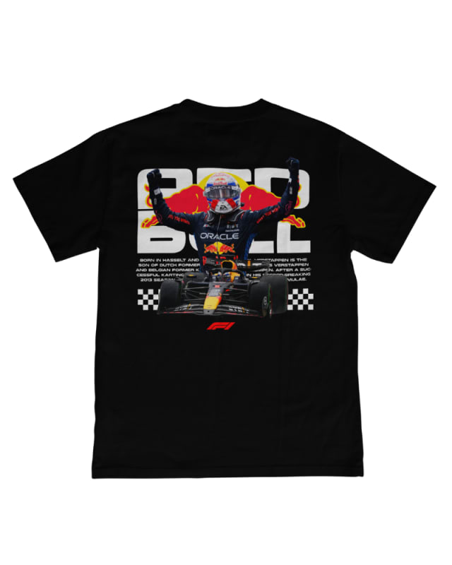 Camiseta unisex negra de algodón con diseño de Fórmula 1 y gráfico de piloto en la espalda