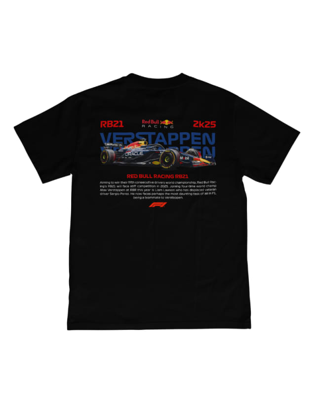 Camiseta unisex negra de algodón con diseño de Fórmula 1 y gráfico de Red Bull Racing