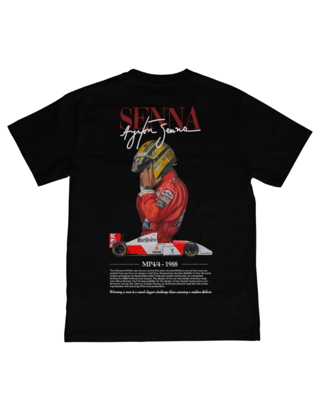 Camiseta negra unisex de algodón 100% con diseño de Ayrton Senna y auto de Fórmula 1