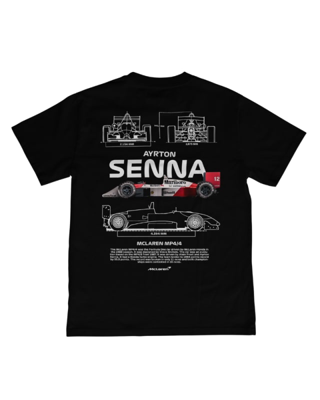 Camiseta negra unisex de algodón con diseño gráfico de Ayrton Senna y McLaren MP4/4