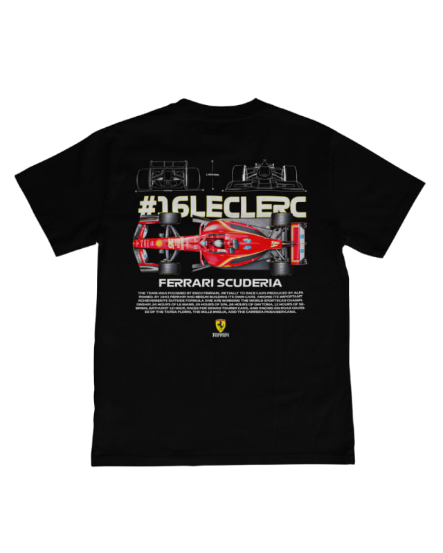 Camiseta negra unisex de algodón con diseño de auto de Fórmula 1 y texto #16LECLERC