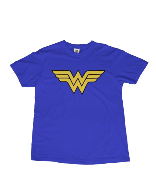 Camiseta azul con logo de Wonder Woman en amarillo, estilo casual para mujer