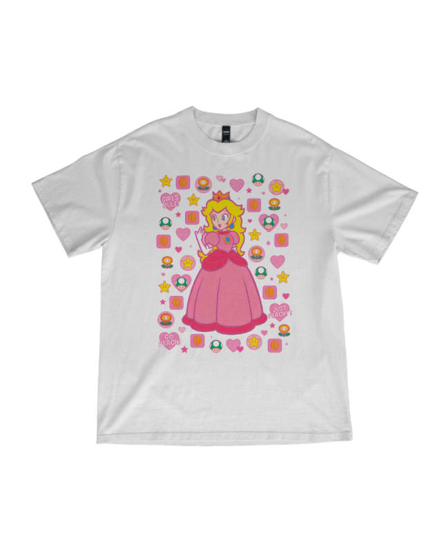 Camiseta blanca de algodón con estampado de Princesa Peach y símbolos coloridos