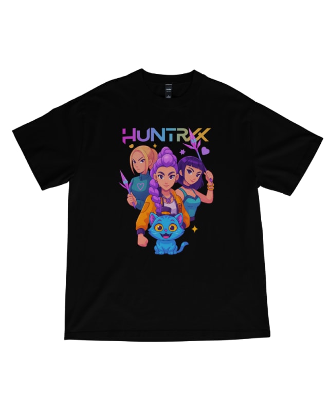 Camiseta negra de algodón 100% con diseño gráfico de personajes coloridos