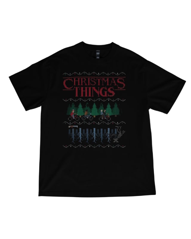 Camiseta negra de Navidad con diseño de Stranger Things y árboles verdes