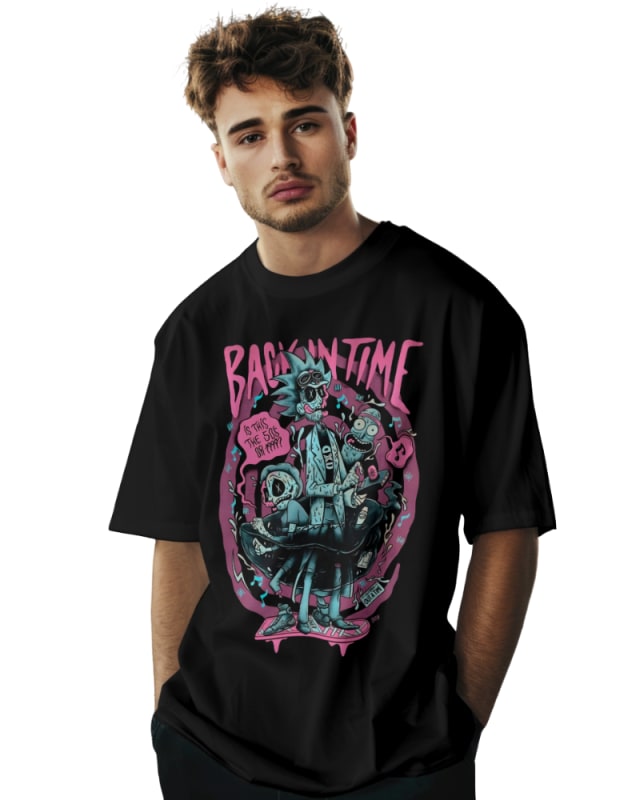 Camiseta oversize unisex negra con estampado colorido de Rick y Morty en algodón 100%