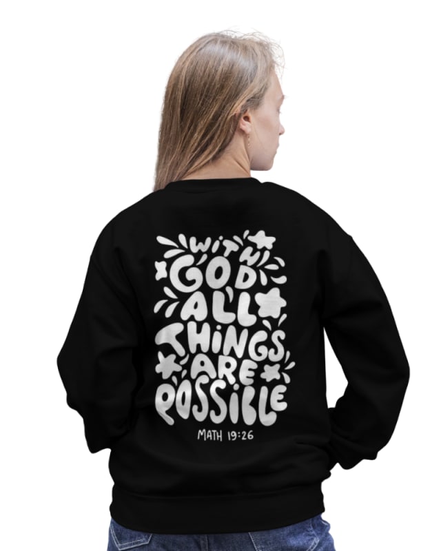 Hoodie negro con diseño de texto en blanco, mensaje cristiano en la espalda