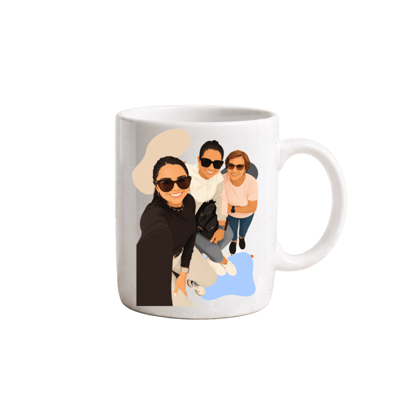 Taza de cerámica premium blanca con diseño exclusivo de tres personas sonriendo