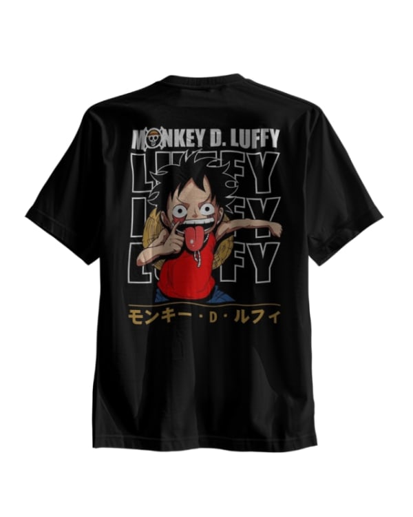 Camiseta negra con diseño de Monkey D. Luffy en la parte posterior, estilo anime