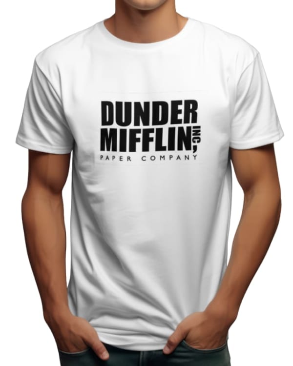 Camiseta blanca con estampado negro de Dunder Mifflin, estilo casual y divertido