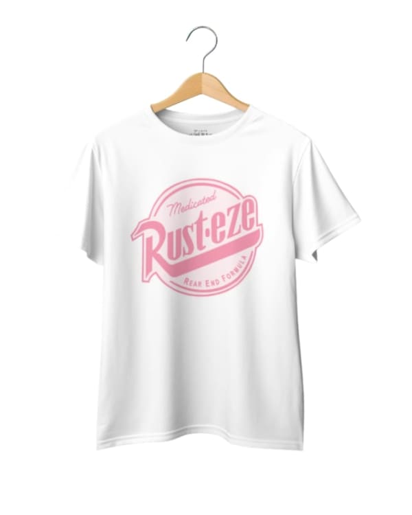 Camiseta blanca con estampado rosa de Rust-eze, estilo casual y divertido