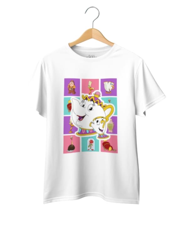 Camiseta blanca de algodón con diseño original de La Bella y la Bestia en colores vivos