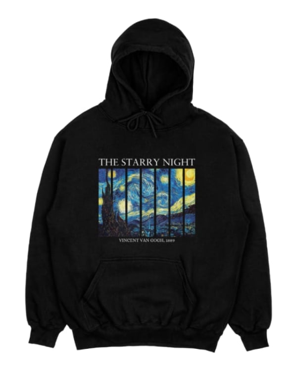 sudadera negra con diseño de "La noche estrellada" de Van Gogh en el frente