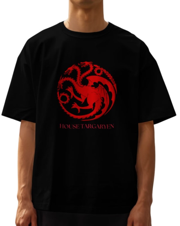 Camiseta oversize negra de algodón con diseño rojo de la casa Targaryen de Game of Thrones