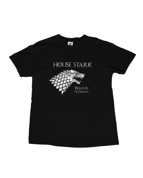 Camiseta negra de algodón con diseño de House Stark y frase Winter is Coming