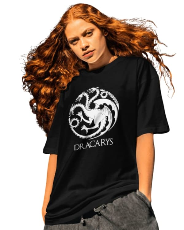 Camiseta oversize negra de algodón con diseño de dragón y texto Dracarys