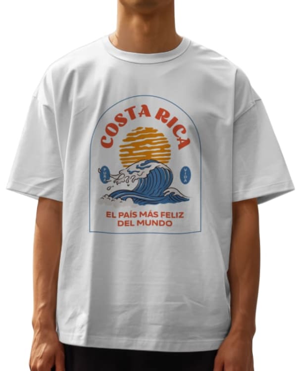 Camiseta blanca con estampado de olas y sol, texto Costa Rica y frase del país más feliz