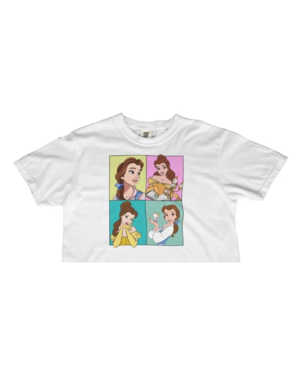Crop top blanco de algodón con diseño original de Bella en cuatro ilustraciones
