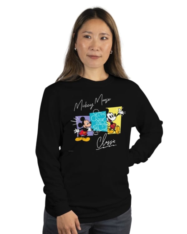 Camiseta negra de algodón 100% con estampado de Mickey Mouse en colores vivos