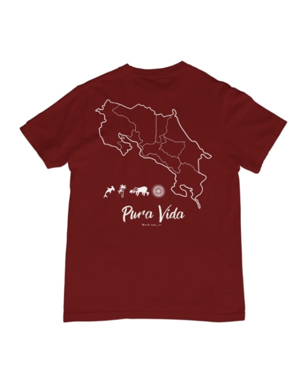 Camiseta unisex color burdeos con diseño de mapa de Costa Rica y texto Pura Vida