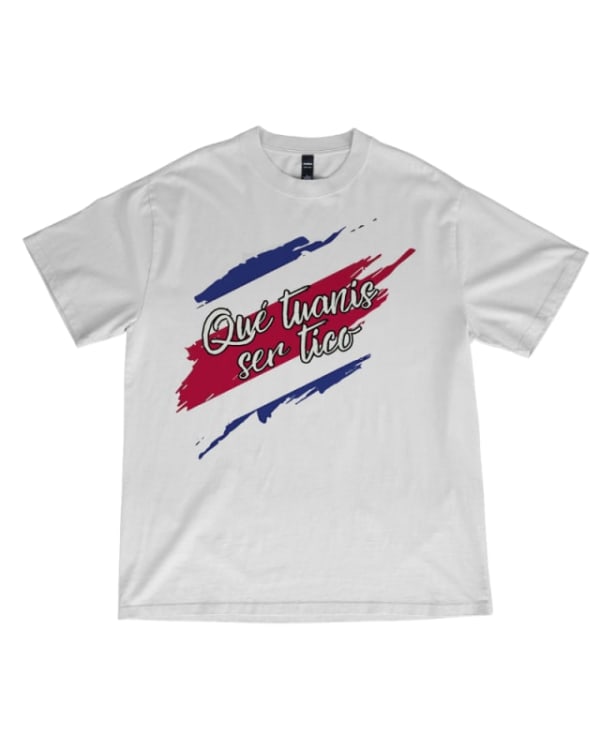 Camiseta unisex blanca con diseño original en rojo y azul que dice "Qué tuanis ser tico"