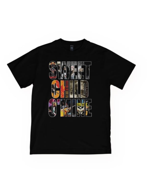 Camiseta negra de algodón 100% con estampado colorido de "Sweet Child O' Mine" de Guns N' Roses