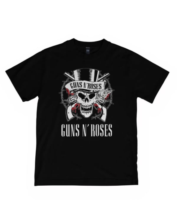 Camiseta negra de algodón 100% con diseño de calavera y texto Guns N' Roses