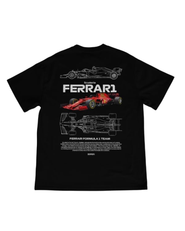 Camiseta unisex negra de algodón con diseño de Fórmula 1 y gráficos de Ferrari