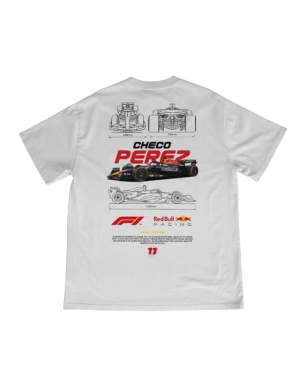 Camiseta unisex blanca de algodón con diseño gráfico de Fórmula 1 y Checo Pérez