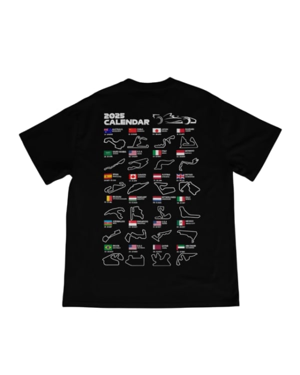 Camiseta unisex negra de algodón 100% con diseño de calendario de Fórmula 1 en la espalda
