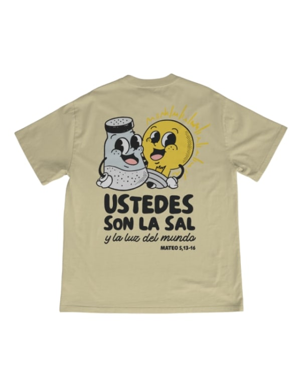 Camiseta beige de algodón 100% con diseño exclusivo, ilustración colorida en la espalda