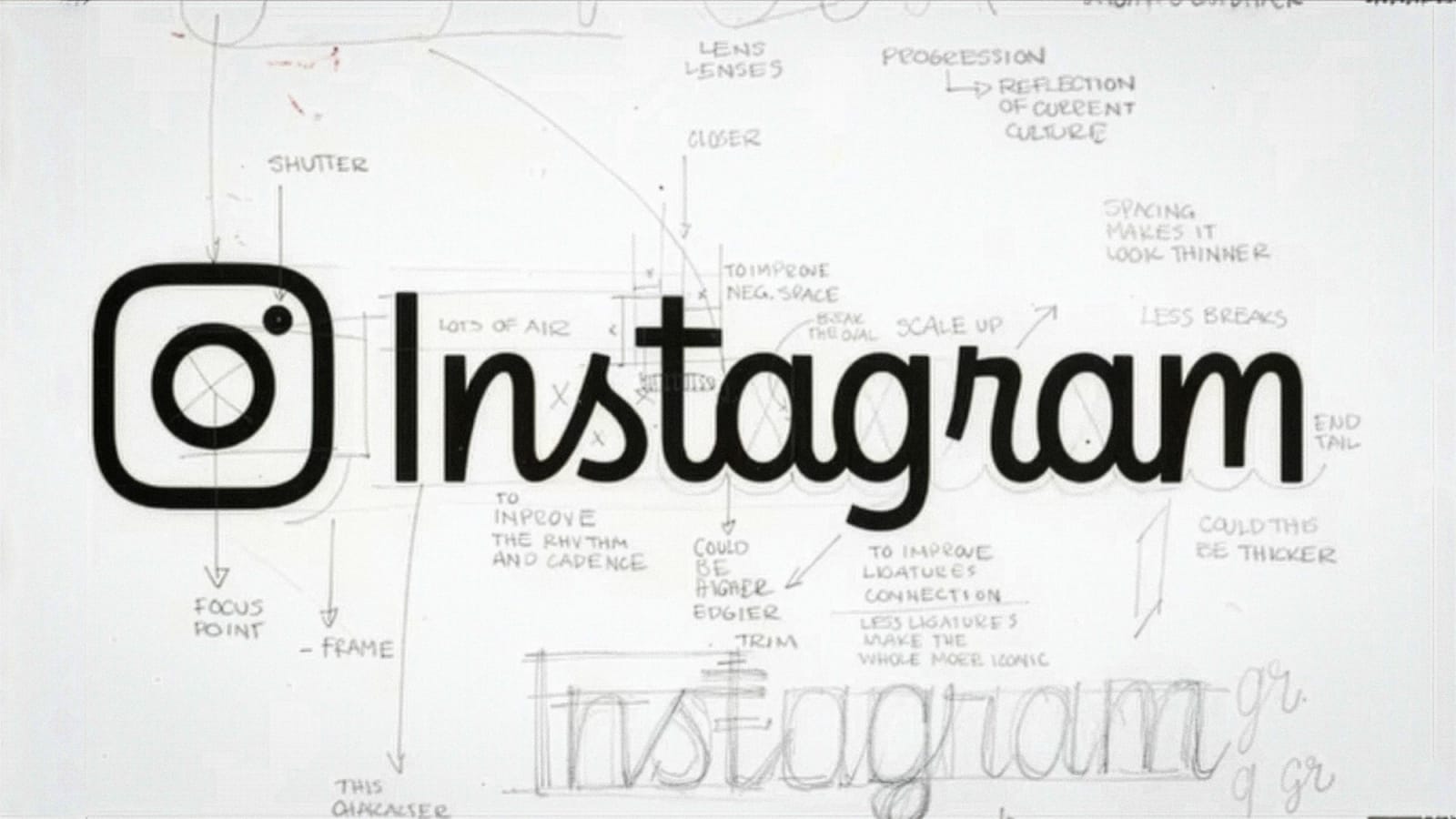Estudos manuscritos sobre o wordmark do Instagram