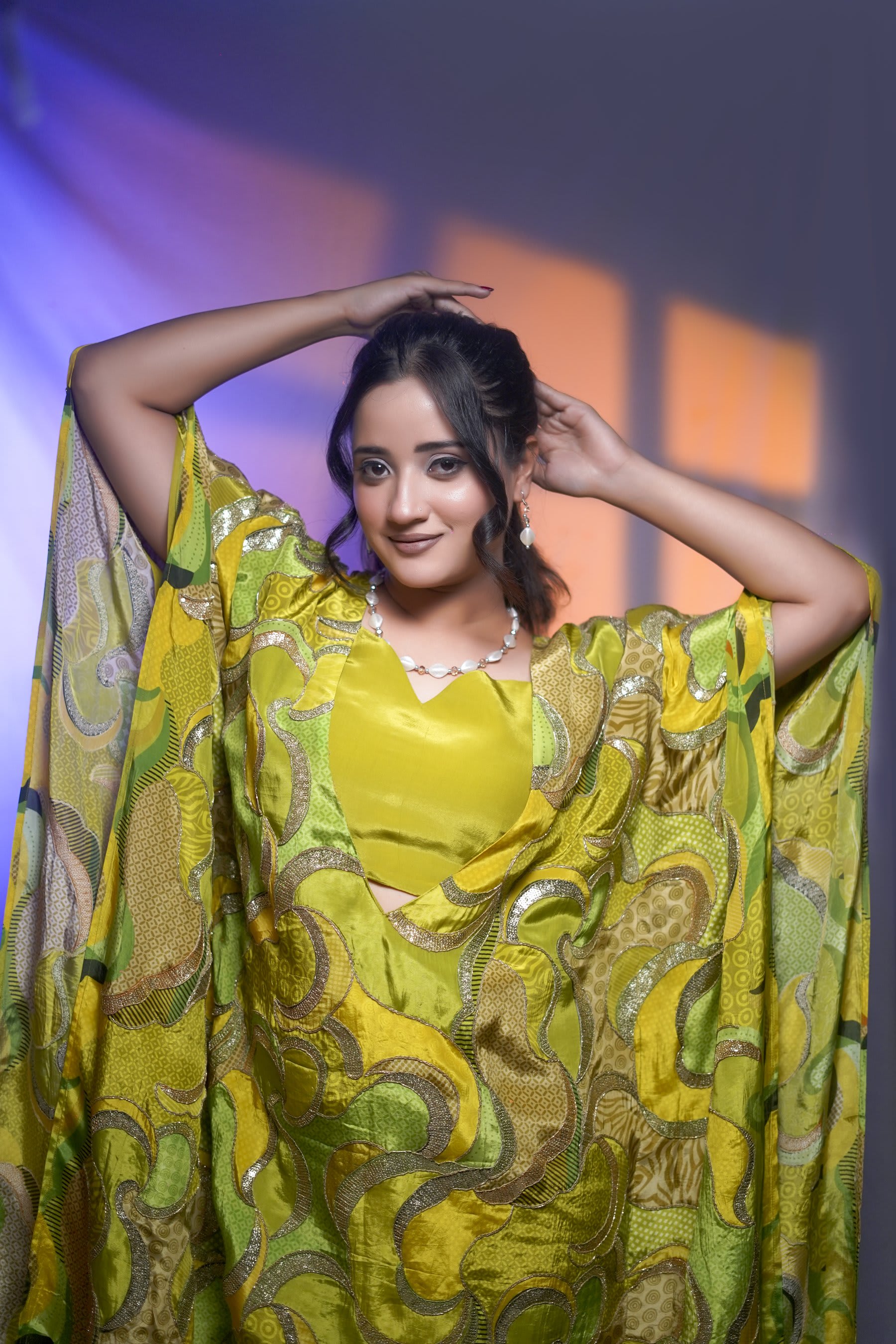 Rangmaya green printed kaftan dress with golden sequin detailing, view 1