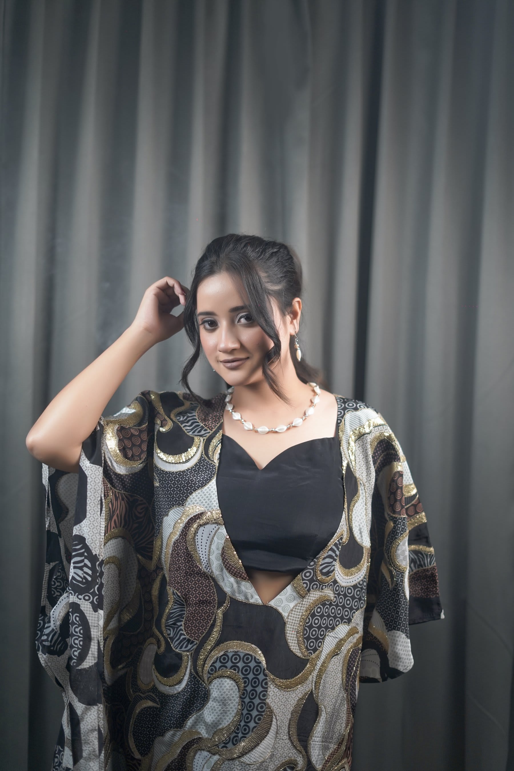 Ruhani black printed kaftan dress with golden sequin detailing, view 1