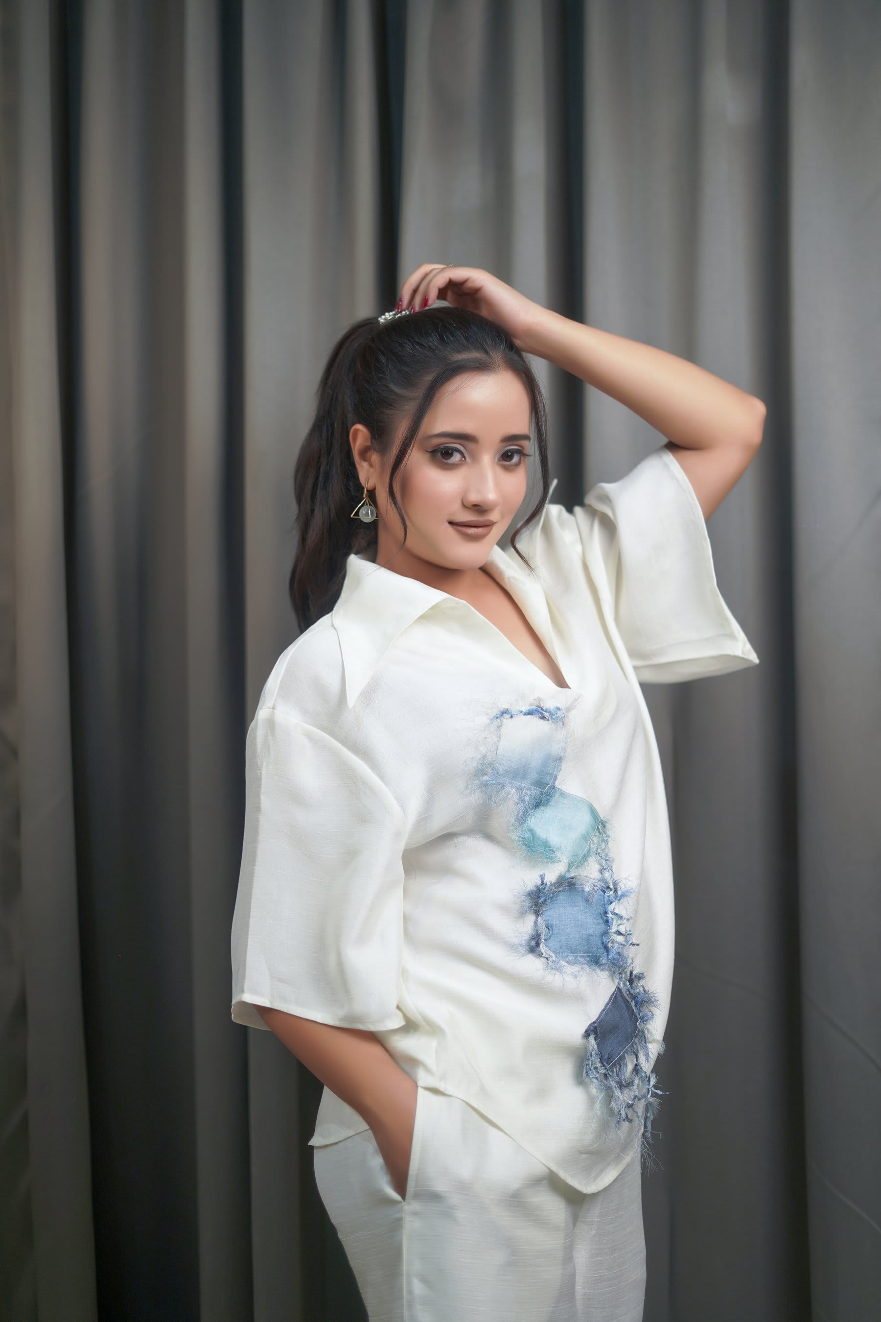 Jaal off white Dola silk co-ord set with blue patchwork, view 1