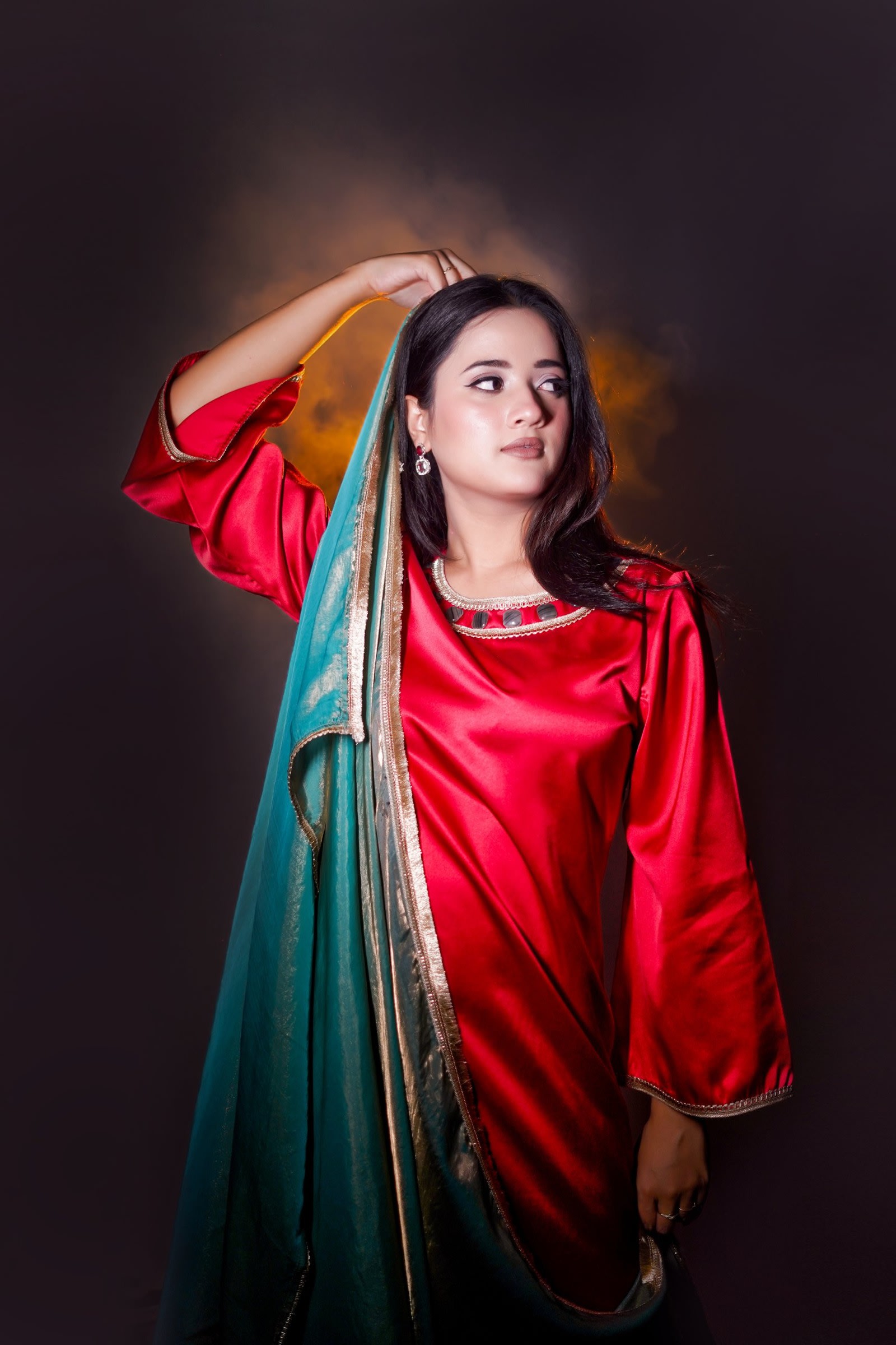 Gulnaar red satin long kurta dress with aqua tissue dupatta, view 6