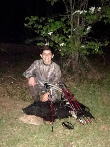 Latham has redone his bow and arrows. This hog was the recipient of the Ramcat broadhead.  Great hunt with my buddy!