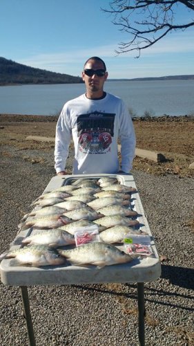 Bryan and I caught a table full today out of Eufaula Lake. Just jigs and double dipping. #lakeforktackle putting fish in the boat.