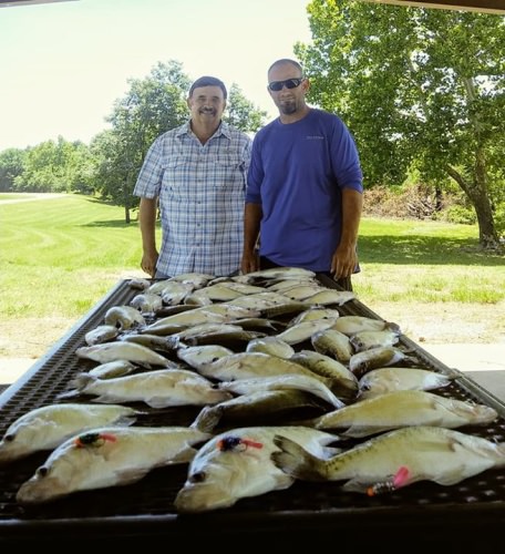 Jimmy and Rick fishing with D&K Guide Service . Hair jigs got it done on another high psi bite. The crappie pattern has sure changed a lot in two days had to fish totally different than I have been to get out table full today ending up with 64 keepers. Still fishing in 5 to 8 feet of water but structure and shad have to be in the equation. Everyone have a safe weekend out there Lake is gone be packed due to the holidays.