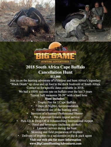 Big Game Hunting Adventures (https://bit.ly/2x8a1Ae) just had a spot open in their calendar for 2018 due to a cancellation. Price is $12,000 all-in for a 7 day hunt (excludes airline flights, taxidermy, and gratuities). This is a fair chase hunt for a trophy buffalo. We have a 100% success rate on mature bulls over the past 3 years. The typical bull on these hunts has hard boss and measures 38-39", though it's possible to take bigger ones and we don't charge by the inch. If you've always dreamed of hunting the legendary cape buffalo, this is a fantastic opportunity!