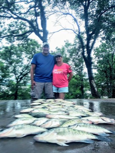 Greg and Becky fishing with D&K Guide Service on Lake Eufaula we had a good time chasing these scattered fish. Crappie caught in shallow structure from 2 feet to 8 feet. Threw back a lot of small fish for next year. Had a good time guys looking forward to out next adventure.