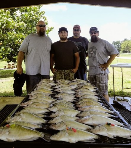From left to right John, Dillon, James and Scott. This trip was donated to BACA, Bikers Against Child Abuse, John is the president of the organization. They do so much for our communtity and protect the children that are in need. 86 crappie kept, this summer pattern is amazing. It keeps producing day after day.  Hair jigs did the job yet again. Same jigs I've had tied on for a month now. It's crazy how many fish you can catch on the same jig.